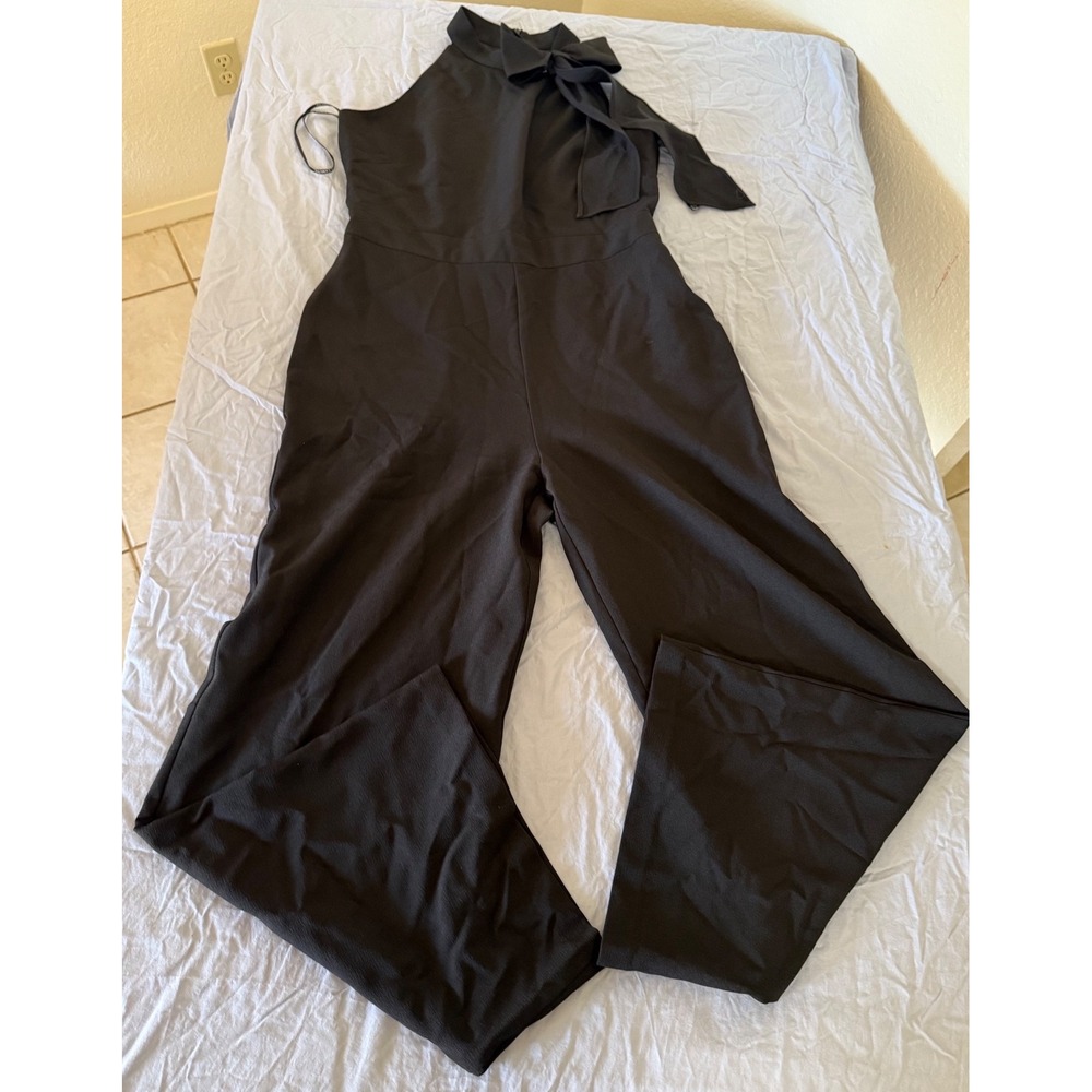 Vince Camuto Women's 14 Black Jumpsuit Bow Neck Wide Leg NWT $148